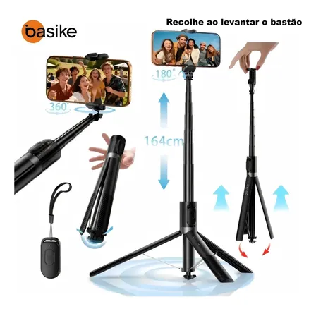Tripé Basike com Abertura e Fechamento Automático, Recolhe ao levantar o bastão Corpo em alumínio Bastão de Selfie Portátil de 1.64m com Controle Bluetooth, alta estabilidade, suporte robusto