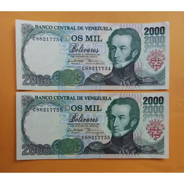 Excelente Set De 2 Billetes Serial Consecutivo 2.000 Bs. Au+