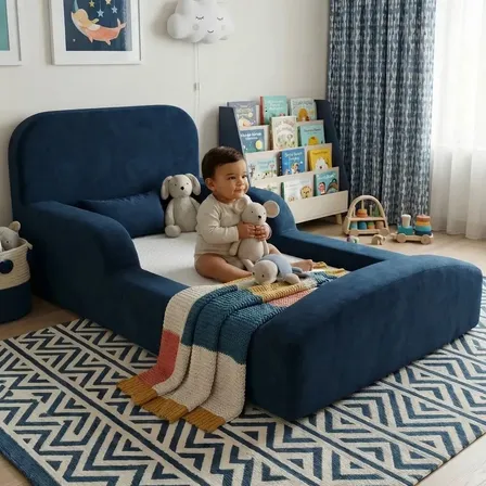 Cama Montessoriana Solteiro Encanto 100% Espuma Boucle Keiko Azul-marinho