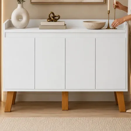 Armário Buffet Aparador Retrô Com 4 Portas De MDF Branco