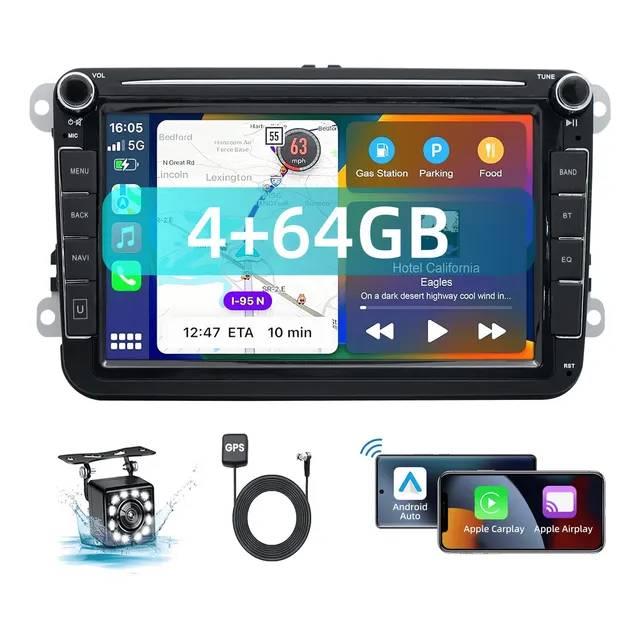 Auto Estéreo 4+64gb Carplay Para Vw Jetta Seat Passat Vento Golf Tiguan Amarok Polo Pantalla Táctil 8'' IPS con Pantalla para Carro Mirror Link Wifi Bluetooth Cámara Fm Bt Hd Aux Tf Usb GPS DSP