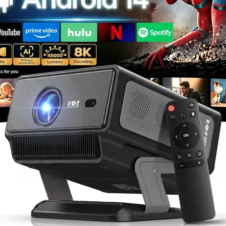 Projetor 8k Inteligente 1080p Nativo 45000 Lúmens Android 14 Wi-Fi 6 Bluetooth 5.4 Foco Automático 6D Rotação 180° Suporte 4K HDR Dolby Audio Netflix