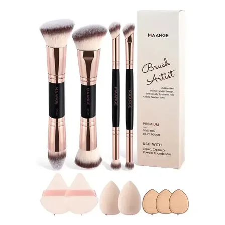 Kit 4 Pinceis E 7 Esponja Profissional De Maquiagem Cor Preto e dourado