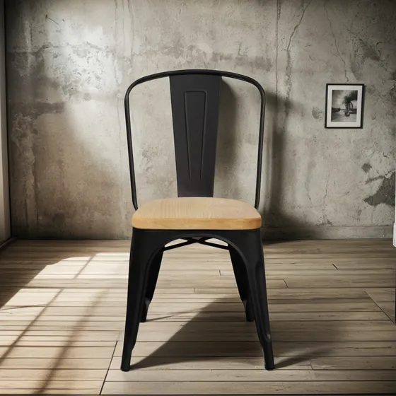 Set X4 Sillas Tolix Negras Con Asiento De Madera Clara 