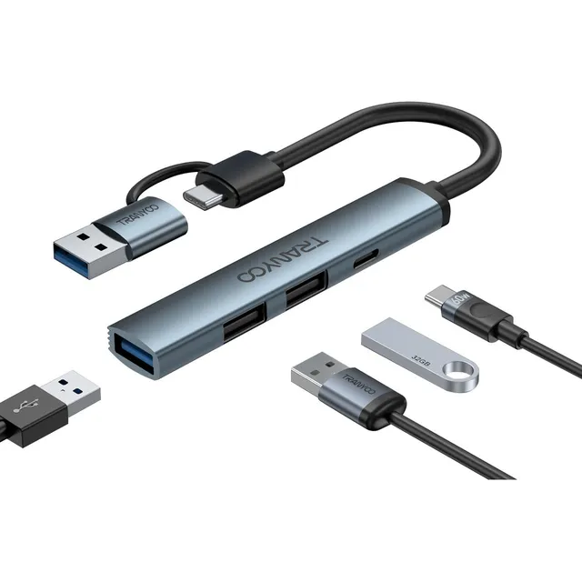 Tranyoo Adaptador Usb C Hub Tipo C, 4 En 1, Usb 3.0 Color Gris