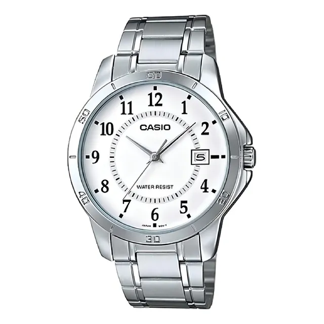 Reloj pulsera Casio MTP-V004GL-9 con correa de acero inoxidable color plata - fondo blanco