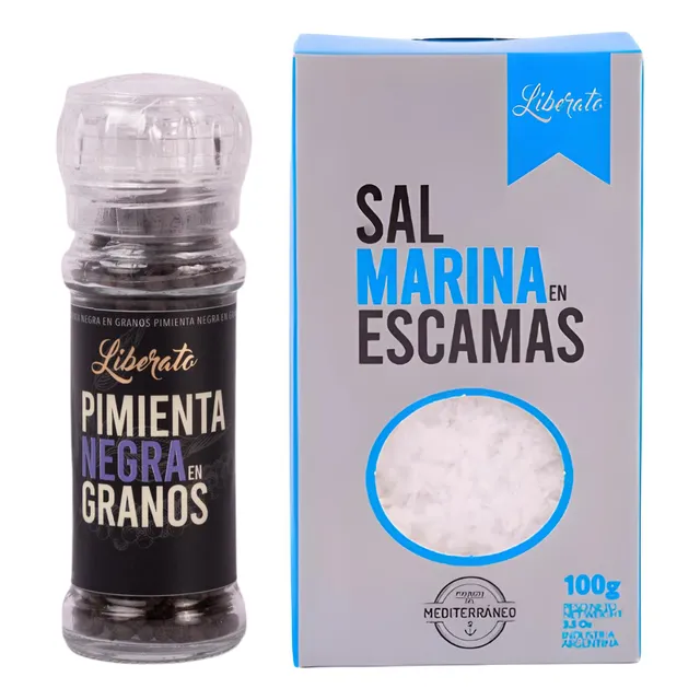 Sal Marina En Escamas 100grs Pimienta Negra Molinillo 55grs