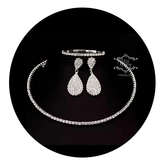 Conjunto Colar E Brincos Para Noivas, Debutantes, Madrinhas, Festa. Cor Prata Com Strass. Barato E Lindo! Cód: C6
