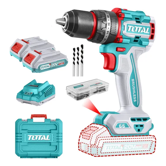 Taladro Percutor Atornillador Inalámbrico Brushless Total 20v Con Maletín 2 Baterías Cargador Y Accesorios