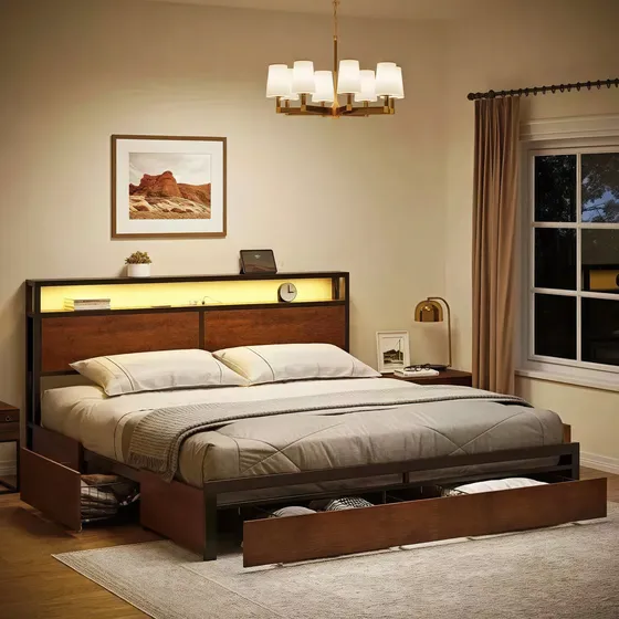 Cama Queen Marco Con Led Y Colchón Doble 4 Cajones 208x140cm