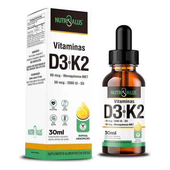 Vitamina D3 2000 Ui + K2 - MK7 60 Mcg Por Dose Rápida Absorção 300 Doses Nutri Salus 30ml