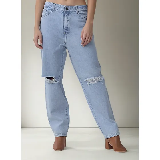 Jean Momfit Tiro Alto Celeste Con Rotura Hershedenim Mujer