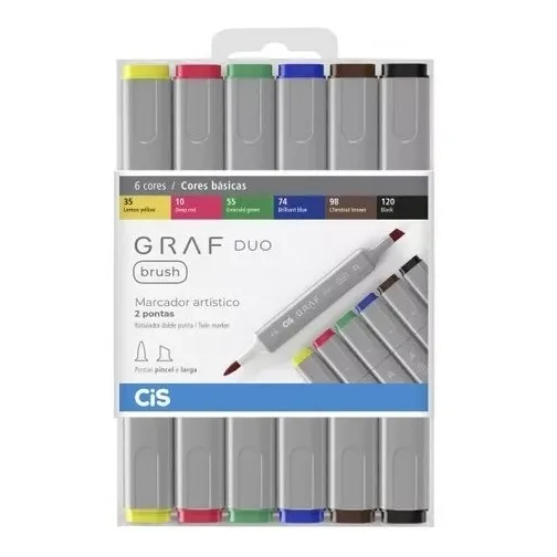 Marcador Cis Graf Duo Brush 6 Cores Básicas Para Lettering.