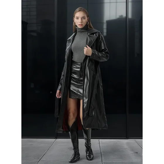 Trench Mujer Oriero Love Simil Cuero Tapado Largo Abrigo