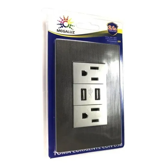 Toma Corriente Doble Y Carga Dual Usb HY-JL310 Color Plateado Color Gris