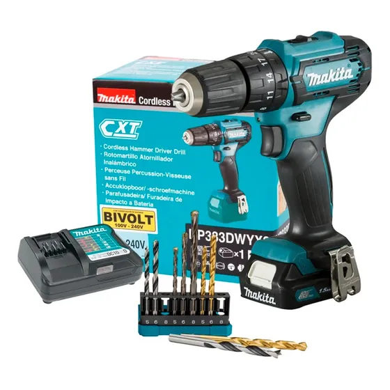 Taladro Percutor 3/8  12v Cxt+set De Brocas Hp333dwyx3-k1
