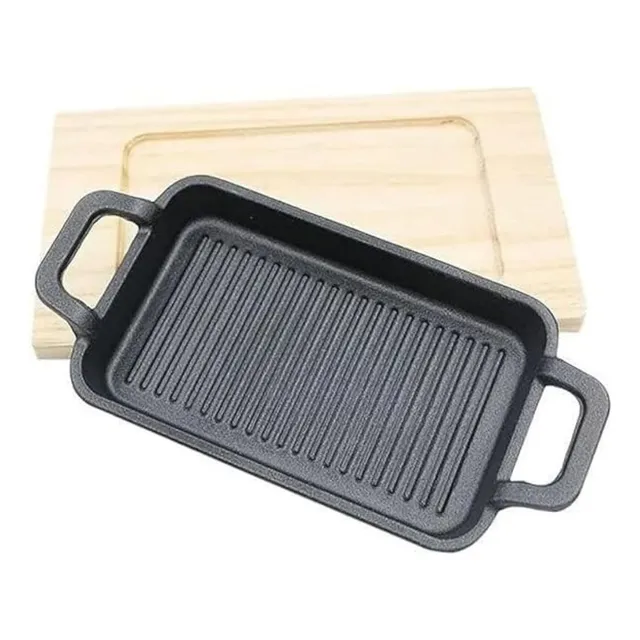 Sarten Rectangular De Hierro Fundido Con Base De Madera