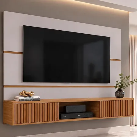 Painel Tv Até 65 Rack Suspenso Ripado Âmbar Sala Moderno Off-white/cinamomo