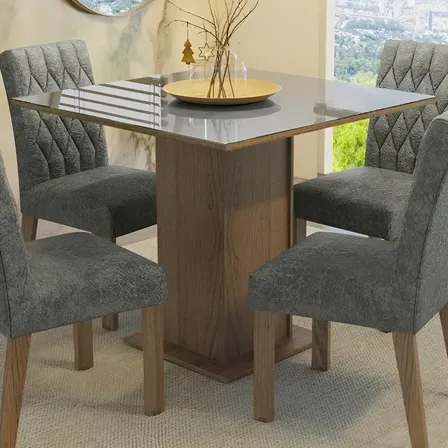 Sala Jantar Mesa Tampo Vidro 4 Cadeiras Anaju Madesa Rcs Cor Rustic/Cinza/Silver Desenho do tecido das cadeiras Liso MDJA040138F9SIL