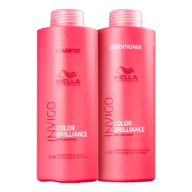 Frascos de 1 litro de shampoo e condicionador Wella Professionals Invigo Color Brilliance na cor rosa