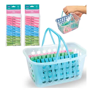Kit Cesta Com Alça + 60 Prendedores De Roupa Mor Lavanderia Kit Cesta Com Alça + 60 Prendedores De Roupa Mor Lavanderia