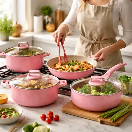 16 Piezas Batería De Cocina Antiadherente Ceramica Juego De Ollas Y Sartenes Sin Pfoa Aluminio Reforzado Compatible Con Inducción Rosa