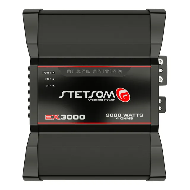 Módulo Stetsom Ex 3000 Black 4 Ohms Mono Full Range 10Hz 20Khz 3000kW RMS em 4 Ohms Entrada RCA 1 Canal 3000W em 12.6v e 3500W em 14.4v com HPF e LPF Atende Sub, Woofers, Driver e Tweeter