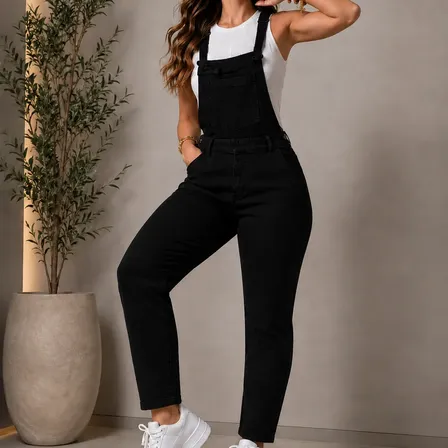 Jardineira Feminina Jeans Premium Floral Longa Promoção
