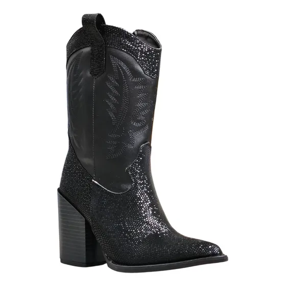 Bota Vaquera Negra Cowboy Con Brillos Para Dama Luné Calzado