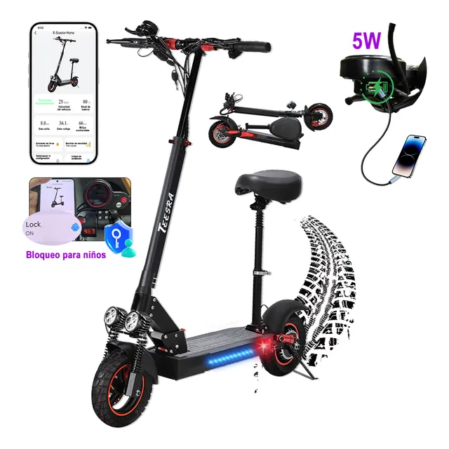 Scooter Electrico Plegable Para Adultos Color Negro Motor 1000W-MAX Velocidad 55km/h-MAX Batería 13AH Autonomía 45KM-Max Luz Direccional-patin Eléctrico Con App Control Bluetooth Teesra T5