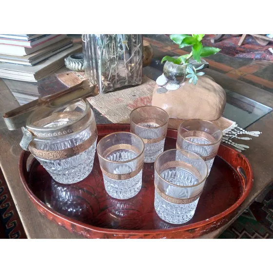 Vasos De Cristal Mas Hielera Tallados Con Oro. Muy Elegante