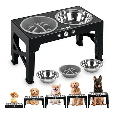 Comedouro Bebedouro Elevado Cães Gato Inox Duplo Regulável Dobrável C/1 Lento E 2 Inox Cor Preto