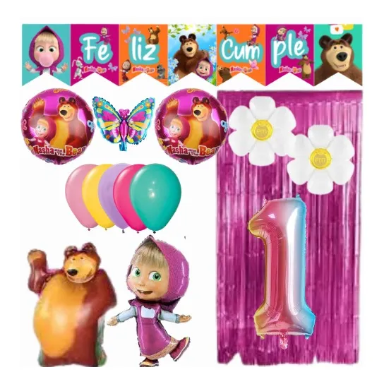 Set Combo De Globos Masha Y El Oso + Numero + Banderin