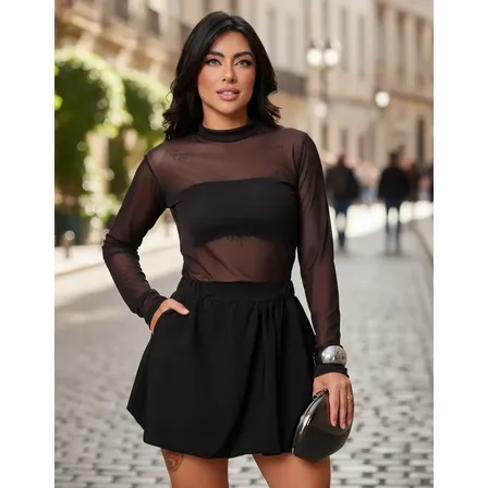Blusa Tule M Longa Transparente Gola Alta Segunda Pele