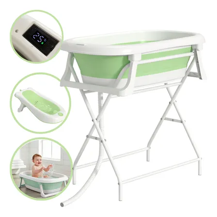 Banheira Banho Bebê Dobrável 2 Em 1 Com Termômetro E Suporte Verde Lisa