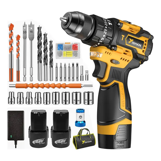 Taladro Atornillador Eléctrico YISHAN 3/8” Inalámbrico Sin Escobillas, 2 Baterías, LED, Torque 60Nm, Kit Accesorios, Brocas, Bolsa y Cargador – Compacto y Profesional