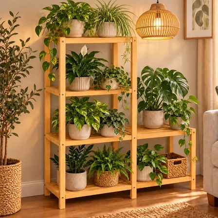 Jardim Vertical Madeira Natural 6 Prateleiras Para Plantas Verde Palha