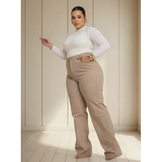 Calça Wide Leg  Bege Plus Size Sofisticada + Barata Moderna