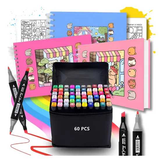 Conjunto De 60 Caneta Dupla Touch E Livro De Colorir Desenho