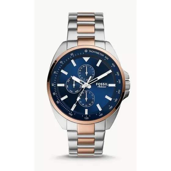 Reloj Fossil Bq2552 Caballero 44 Mm Color De La Correa Plateado Color Del Bisel Dorado Color Del Fondo Azul