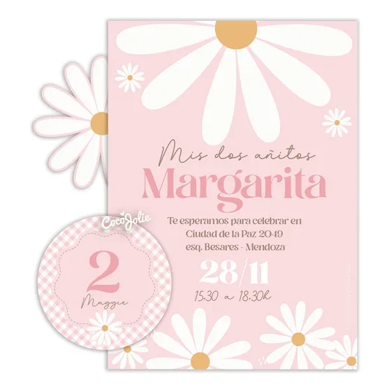 Kit Imprimible Margaritas Rosadas, Cumple, Editable