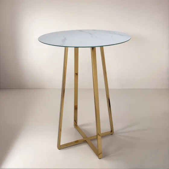 Mesa De Bar Alta Tapa Simil Marmol Y Base Dorada