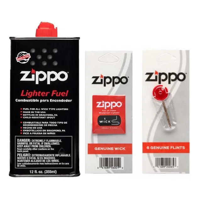 Zippo Pack: Combustible Bencina Grande + Piedra + Mecha.