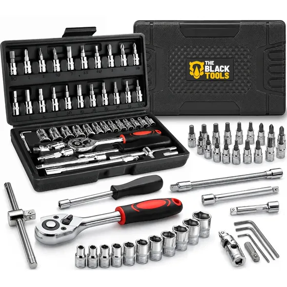 Kit Chave Catraca Soquete Bits 46 Peças Cromo Vanádio Catraca Reversível Manutenção Carros e Motos T