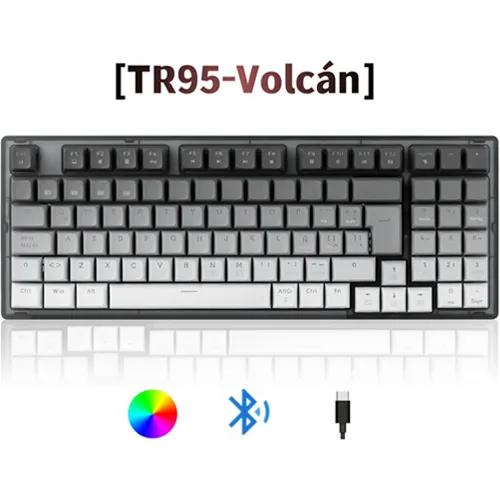 TERPORT 90% Teclado Mecánico Inalambrico En Español TR95 Volcán, Bluetooth+usb+cable removible, Outemu Red Switch Hotswap, Luces Full-RGB, 95 Teclas Antighosting, Teclado Inalámbrico Juegos&Oficina