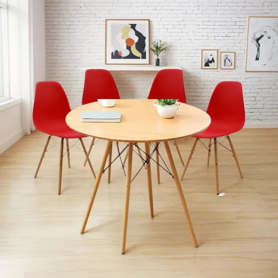 Juego Comedor Mesa Eames Redonda Madera 100cm 4 Sillas Eames