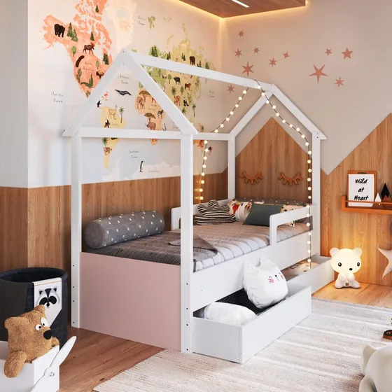 Cama Infantil Montessoriana Casinha Solteiro Menino Menina com Proteção Lateral e Gavetas com Rodas Branco com Rosa