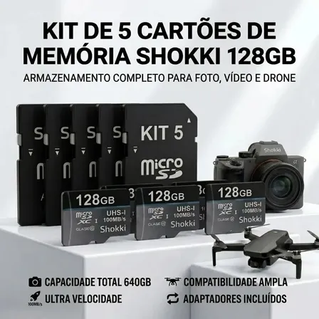Pack 5 Cartões De Memória Micro Sd Shokki 128gb Classe 10 Com Adaptador Para Celular E Câmera