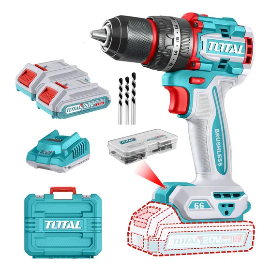 Taladro Percutor Y Atornillador Inalámbrico Total 20v, Industrial, Motor Sin Carbones - Mandril 13mm, 66nm - Con 2 Baterías 2.0ah Litio-ion, Cargador, Maletín, Mechas Y Puntas - Tidli20668