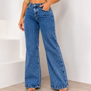 Calça Wide Leg Feminina Pantalona Cintura Alta Jeans 100%